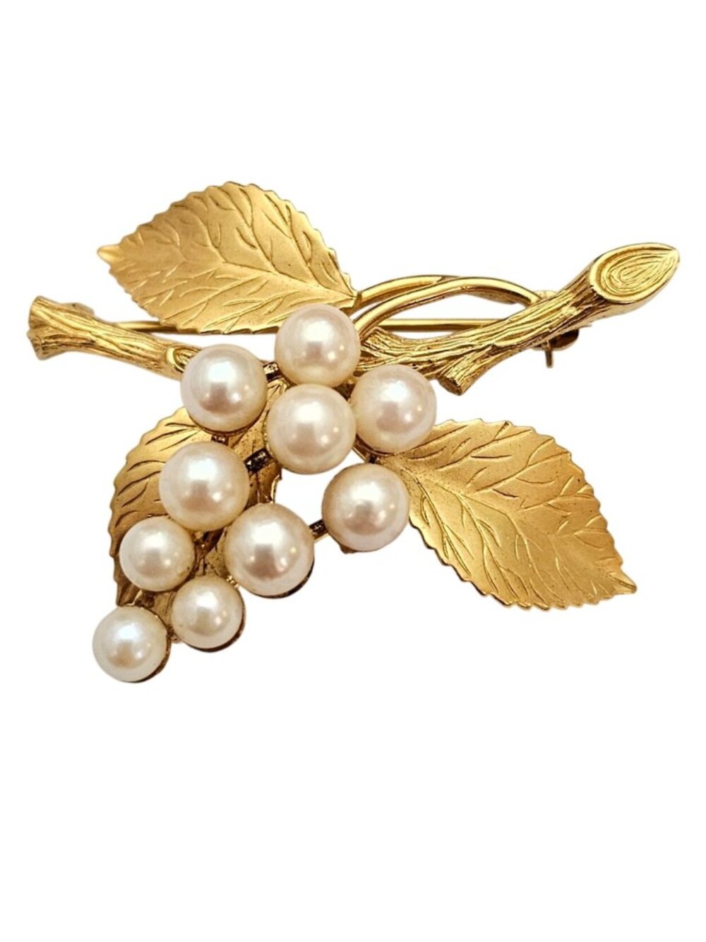 Charles Reis 12K GF Grape Leaf Vine Brooch Cluster Genuine Pearl Pin Signed J711
